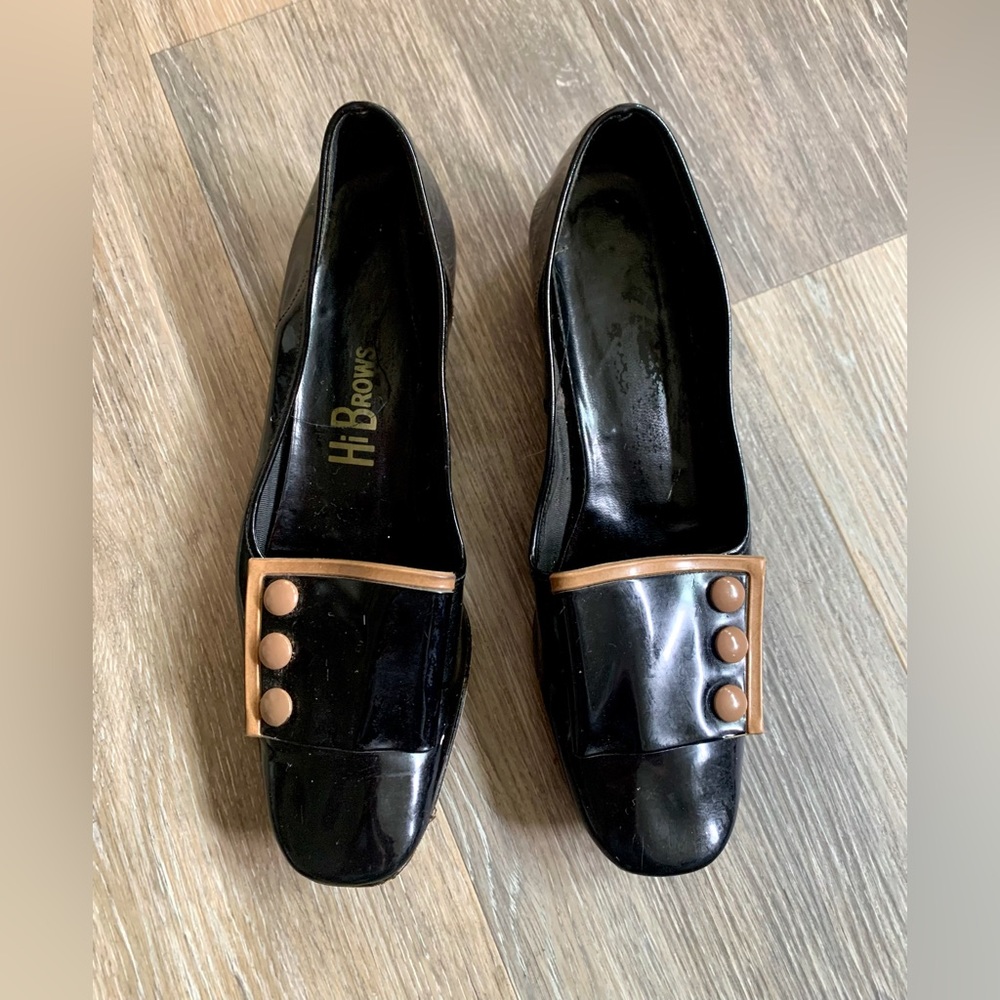 Black Patent Loafers with Tan Trim